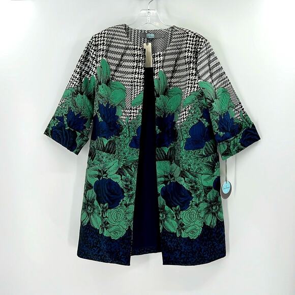 Eva Franco Anthropologie Floral & Houndstooth Coat - Black/White/Green - 2 - NWT - Picture 1 of 9